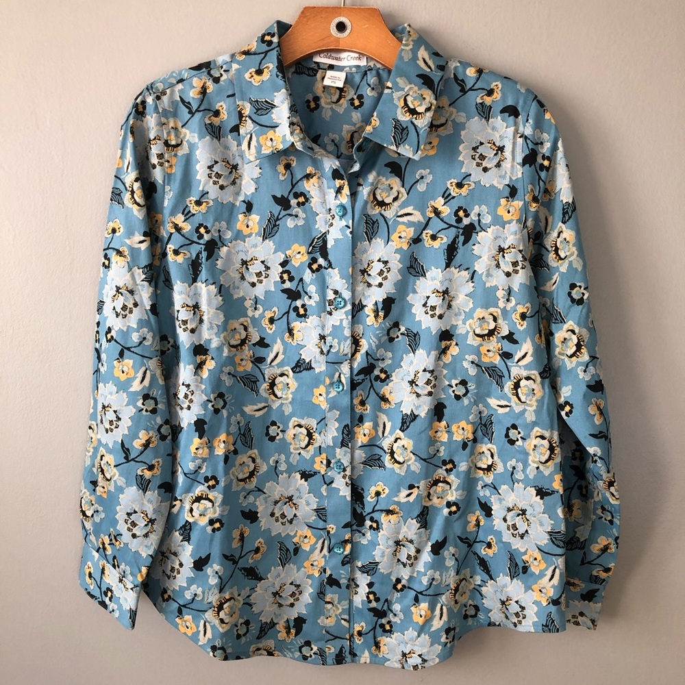 Blue Floral Coldwater Creek Button Down Shirt SP